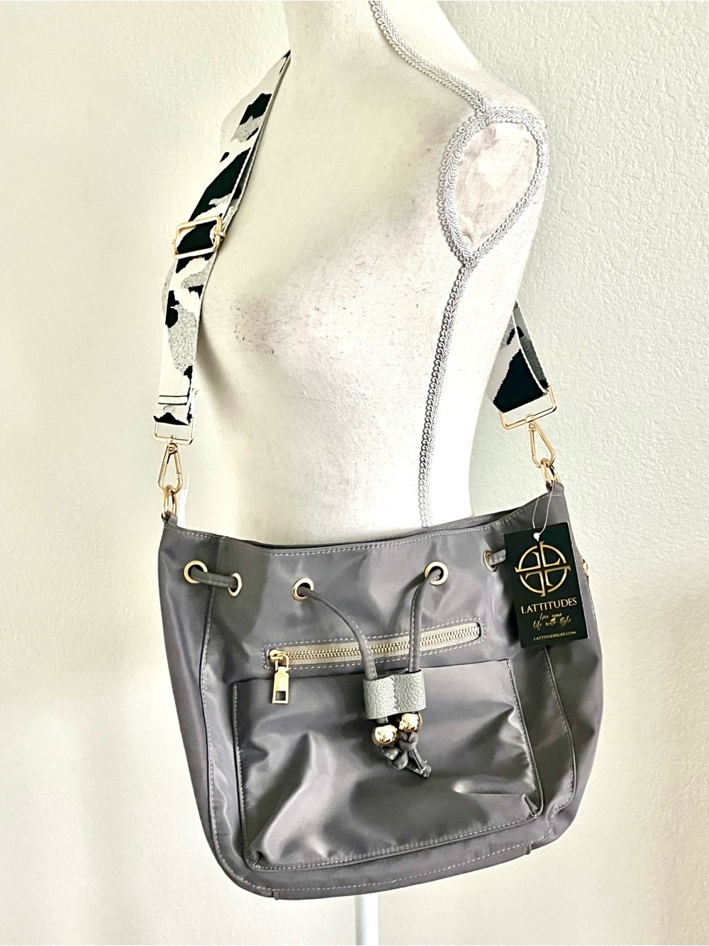 New Latitudes Gray Nylon Crossbody Bag with Added Fun Strap